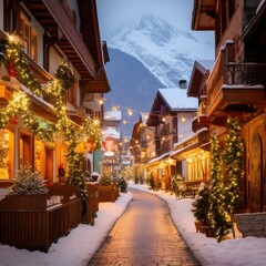 Fototapeta na wymiar A Joyful Christmas in the Mountain Village, generative AI