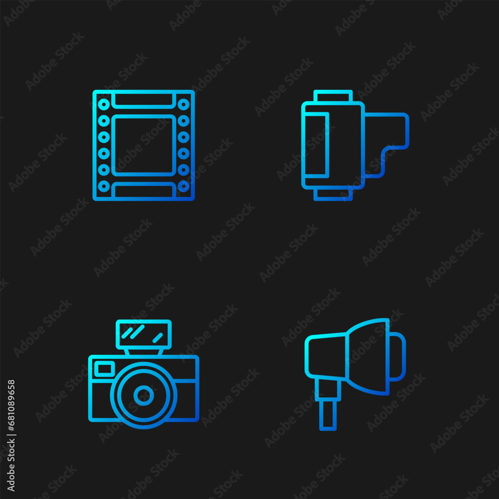 Aufkleber set line softbox light, photo camera with flash, camera roll cartridge and . gradient color icons. v