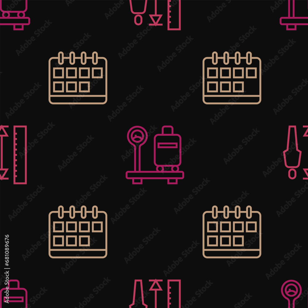 Poster set line measuring height body, calendar and scale with suitcase on seamless pattern. vector