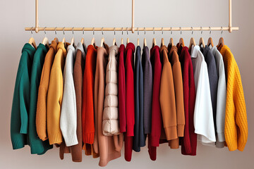 Many autumn and winter clothes hanging in row