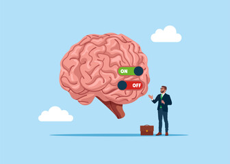 Businessman turns on or off the brain switch. Open or close the world of ideas. Flat vector illustration