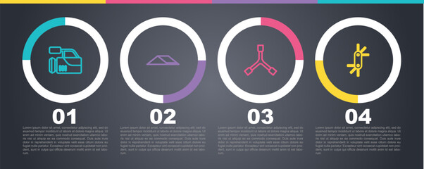Set line Cinema camera, Skate park, Skateboard Y-tool and Tool allen keys. Business infographic template. Vector