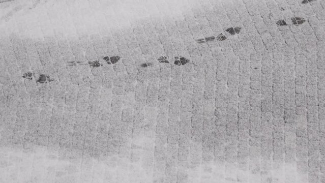 footsteps on the snow covered path road, first snow on the street, winter miracle, heavy snowfall in the city