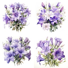 Purple Campanula flower bouquet clipart isolated on a white background, suitable for Christmas decoration or winter holiday gift embellishments, and wedding decor.