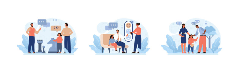 Family Dynamics set. A man helps a child integrate, professionals guide a family in therapy, and a step-parent connects with their child. Navigating diverse relationships. Flat vector illustration.