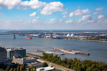 scenic view to downtown Baton Rouge and Mississippi river in morning light , Louisiana
