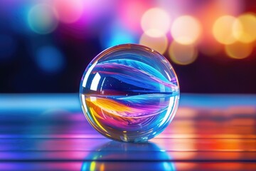 A close up view of a glass ball placed on a table. Can be used as a decorative item or for symbolizing clarity and focus
