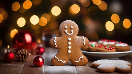 Gingerbread cookie man on Christmas background