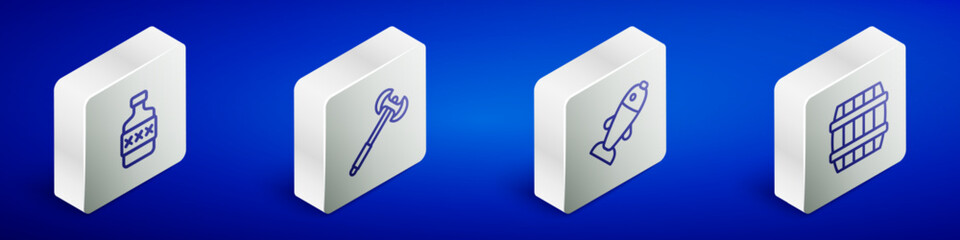 Set Isometric line Whiskey bottle, Medieval poleaxe, Fish and Wooden barrel icon. Vector