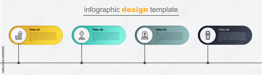 Sticker Set line Coffin, Grave with tombstone, cross and Church building. Business infographic template. Vector