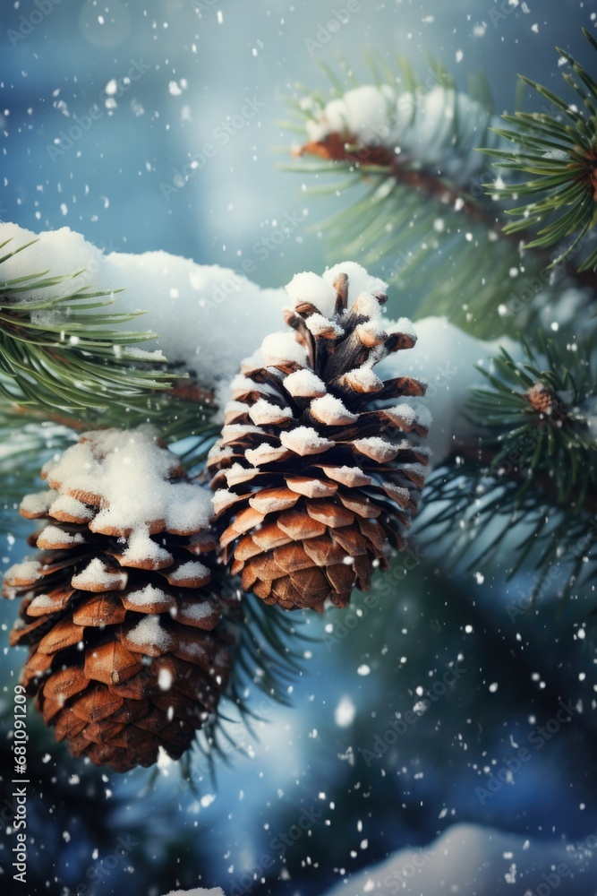 Poster a close-up view of a pine cone on a tree. this image can be used to showcase the natural beauty of t