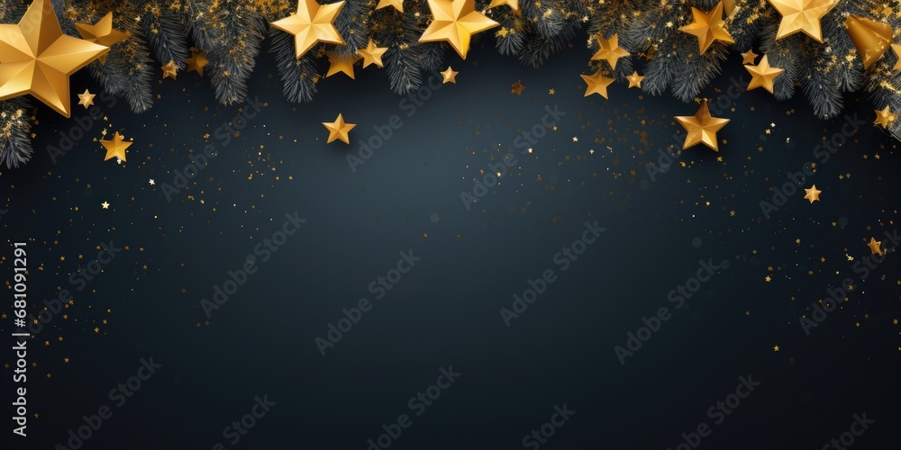 Wall mural a black background featuring gold stars and snowflakes. perfect for adding a touch of elegance and f