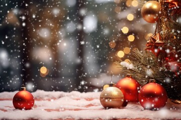 A festive Christmas scene featuring ornaments and a beautifully decorated tree covered in snow. Perfect for adding a touch of holiday spirit to any project or design