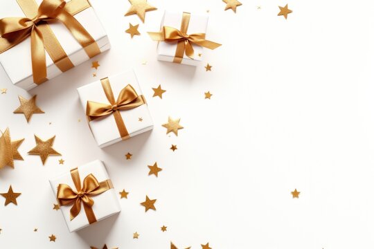 A picture featuring gold stars and gift boxes on a white background. Perfect for holiday and celebration themes