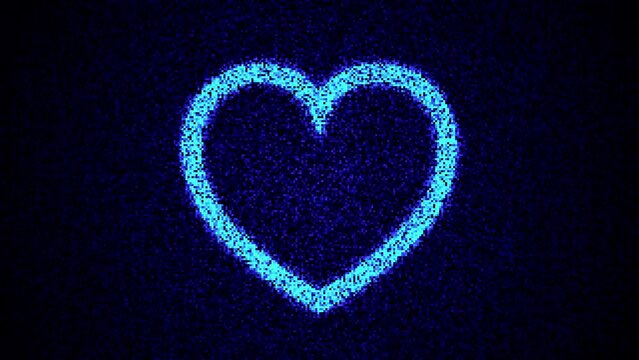 Heart icon, glowing pixels effect, computer screen tech concept.