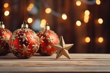 Three red and gold Christmas ornaments beautifully displayed on a wooden table. Perfect for holiday decorations and festive themes