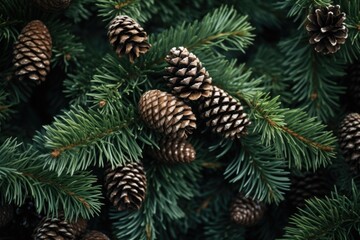 A picture of a bunch of pine cones hanging on a tree. This image can be used to depict nature, autumn, or forest themes