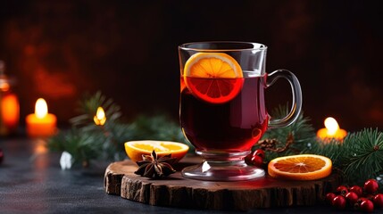 Hot winter mulled wine on a festive beautiful decorated background