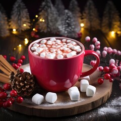 Obraz na płótnie Canvas Steaming hot caramel latte in glass mug on wooden background, cinnamon sticks, christmas mood