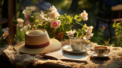 Hats with cup of coffee with flowers