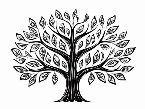 A Black And White Tree With Leaves - A family tree with leaves logo icon..
