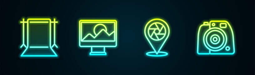 Set line Empty photo studio, Photo retouching, Camera shutter and camera. Glowing neon icon. Vector