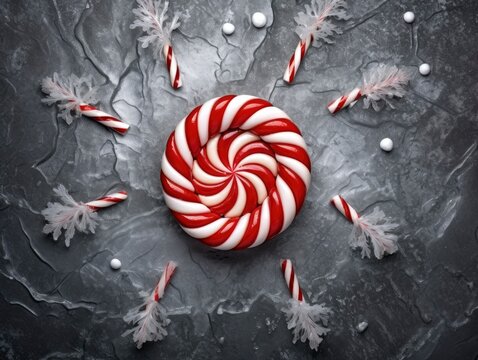 Top view on Christmas candy cane on vivid background