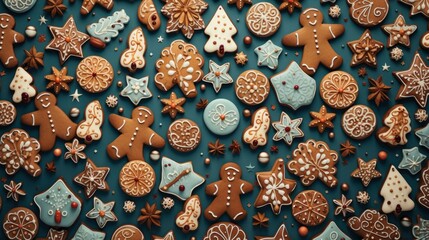 Top view on gingerbread cookies background pattern texture - obrazy, fototapety, plakaty
