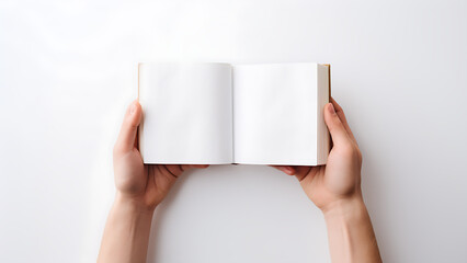 Woman's hand opens a blank book on a white background.