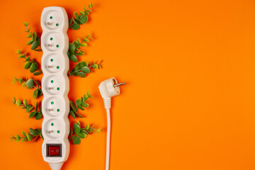 Electrical power strip with green eucalyptus leaves on orange background