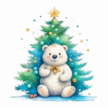 White bear near the Christmas trees