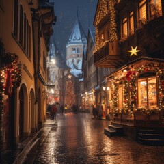 Fototapeta premium Christmas Lights Adorning a European Cityscape