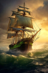 Historisches Segelschiff mit gesetzten Segeln im Sturm. Piratenschiff