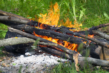View of the burning campfire in the camp. Campfire in the green grass