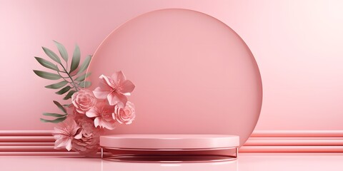 Fototapeta na wymiar 3D display podium pastel pink flower on white background. Orange Rose. Nature minimal beauty pedestal cosmetic product presentation. Valentine feminine copy space empty template 3d render22
