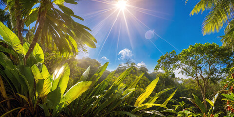 Jungle on a sunny day. Beautiful tropical rainforest illustration with exotic plants, flowers, palms, big leaves and ferns. Bright sunbeams. Background with pristine nature landscape. Generative AI