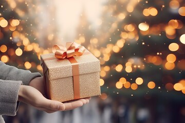 male hands holding a gift box with a golden bow