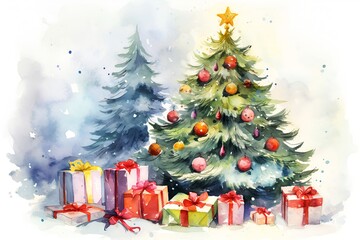 Fototapeta na wymiar Christmas tree with toys and gifts, watercolor drawing