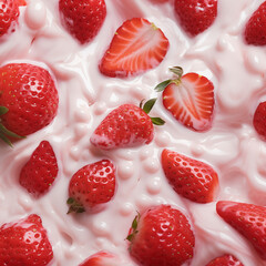 Macro texture shot of yoghurt with strawberries