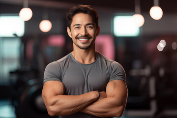 Young muscular latin personal trainer from Mexico poses smiling in gym