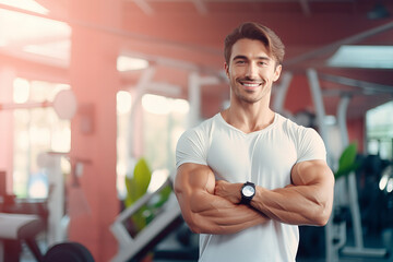 Young man and personal trainer poses with her arms crossed smiling at a gym - Powered by Adobe