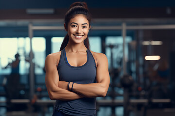 Fototapeta premium Young female personal trainer in a gym smiling with her arms folded