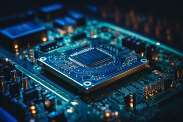 Obraz premium a computer circuit board with blue lights Ai Generative