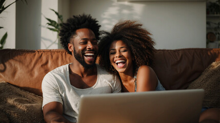 Young multiracial couple laughing looking at laptop sitting on sofa at home, happy diverse husband and wife using online services on internet, technology lifestyle concept - Powered by Adobe