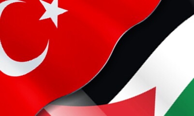 big waving colorful national flag of turkey and palestine