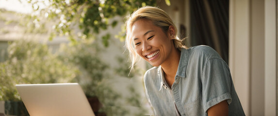 Young asian female laughing looking at laptop sitting in beautiful bright space, woman using online services on internet, technology lifestyle concept, space for text - obrazy, fototapety, plakaty