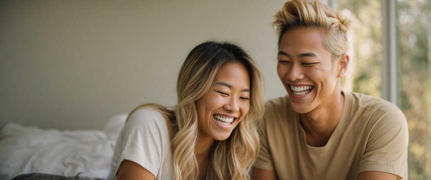 two young asian people laughing together while relaxing sitting on the couch, space for text