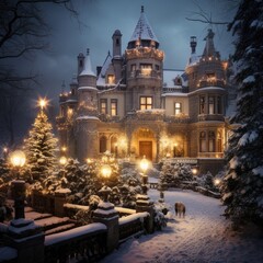 Fototapeta premium A Medieval Castle Aglow with Holiday Splendor, generative AI 