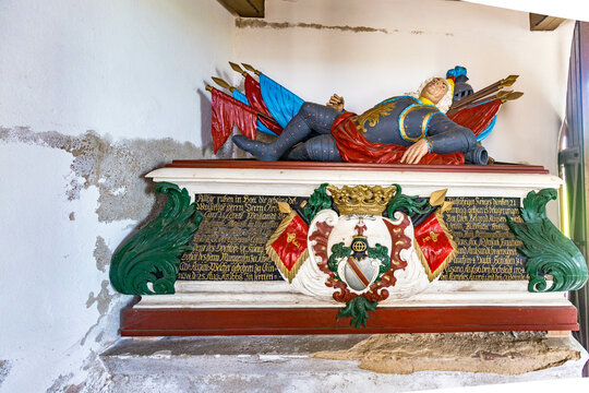 old church of Mary in Netzelkow with sarcophagus of Christian Carl von Lepel, an officer in the 16th century.