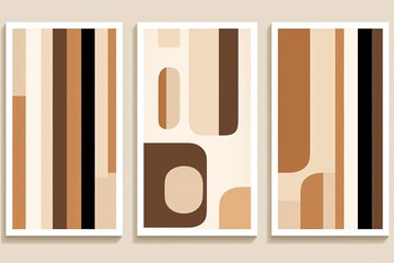 three art prints poster framed hanging on wall decor collection set, beige brown earth tone color, Generative Ai